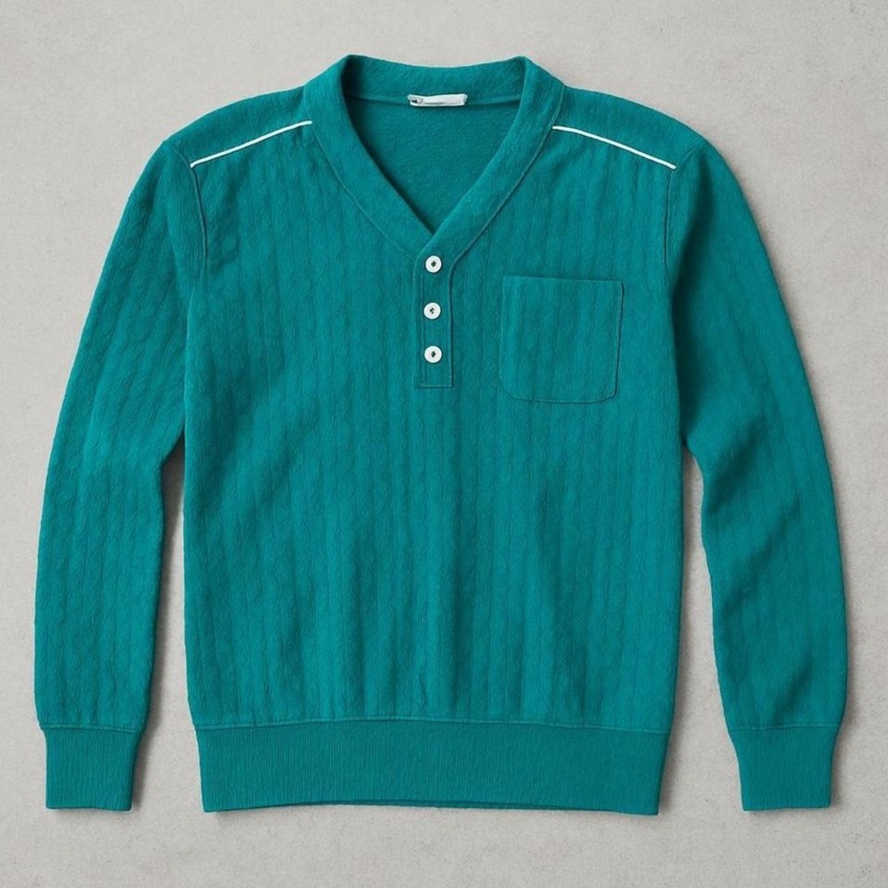 True Vintage 70s‎ Henley Teal Terrycloth Top Knit Retro Tennis Golf Sportif